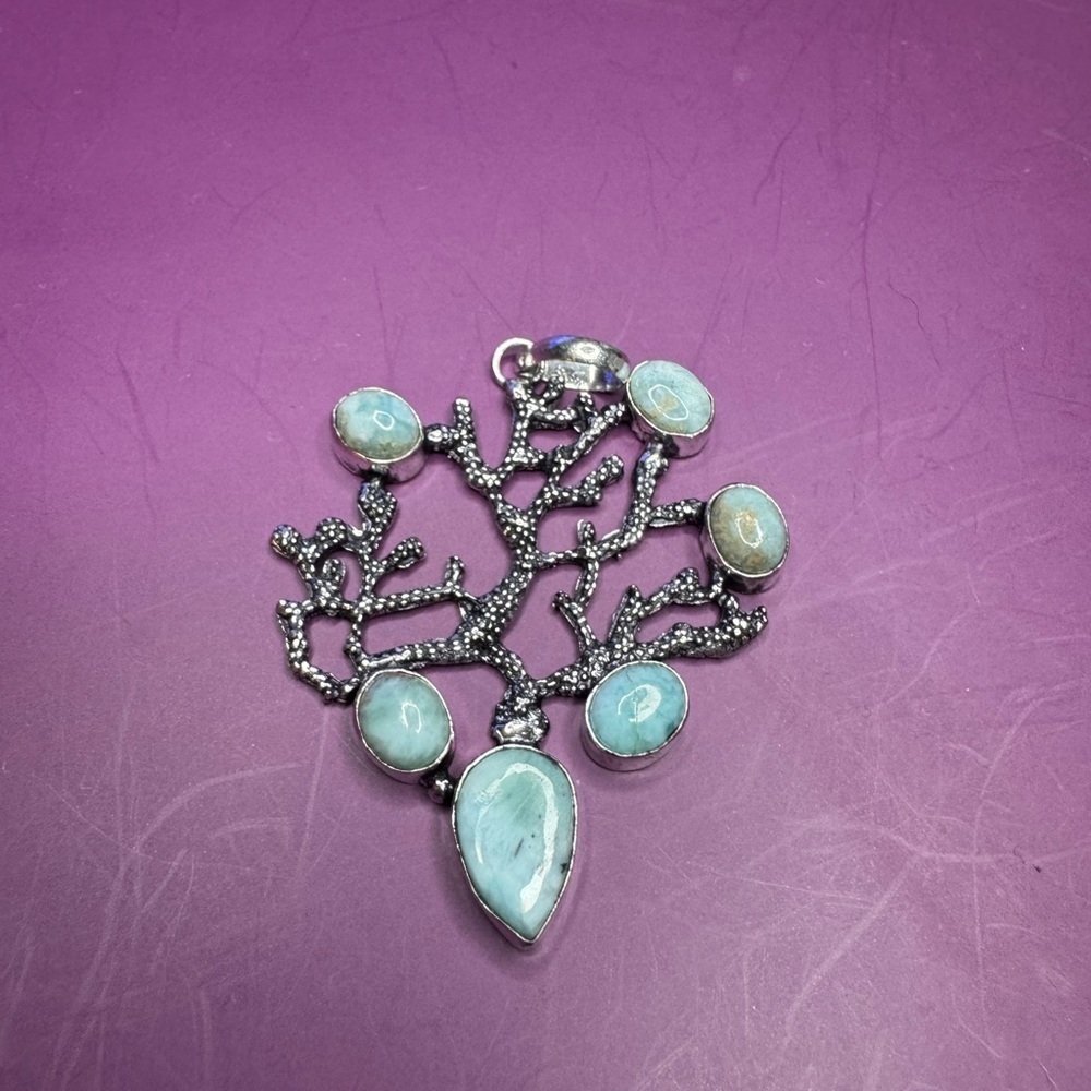 Gorgeous Tree of Life Larimar 925 Silver Plated Pendant 2.7"
